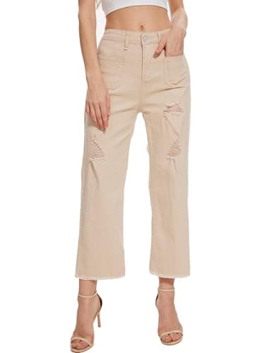 DAOAO Wide Leg Distressed Jeans for Women Ripped Jeans Cropped Pants Stretchy Khaki M - Image 1