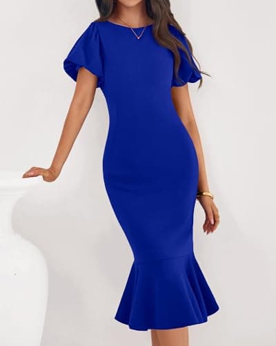 BTFBM Women Formal Wedding Guest Cocktail Dresses 2026 Short Sleeve Ruffle Mermaid Work Bodycon Elegant Midi Summer Dress(Royal Blue, XX-Large) - Thumbnail 6