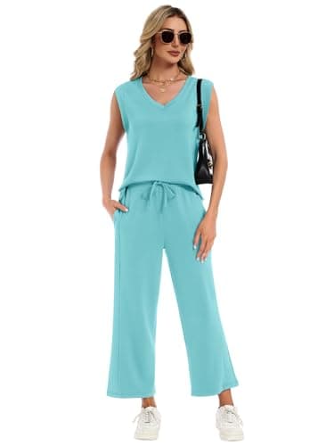 YOKGO Two Piece Sets for Women Summer Outfits V Neck Lounge Sets Business Casual Vacation Travel Matching Set - Thumbnail 5