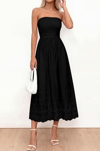 PRETTYGARDEN Womens Summer Dresses 2026 Sexy Sleeveless Tube Top Long Dress Eyelet Cotton Maxi Beach Sundress Pockets(Black,XX-Large) - Thumbnail 3