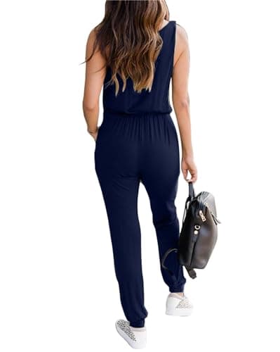 KIRUNDO Women 2026 Summer Jumpsuits Casual Sleeveless Drawstring Elastic Waist Romper Vacation Cruise Airport Travel Outfits(Navy, Small) - Thumbnail 2