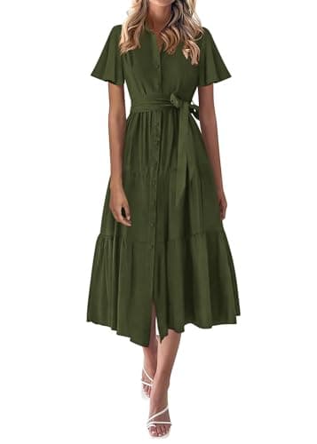 KIRUNDO Summer Button Down Wedding Guest Shirt Dresses for Women Maxi Flutter Short Sleeve Flowy Tiered Beach Sun Dress(Army Green, Medium) - Image 1
