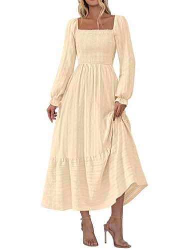 BTFBM Women Maxi Spring Dresses 2026 Long Sleeve Solid Color Square Neck Smocked Boho Long Wedding Guest Dress(Apricot,Large) - Image 1