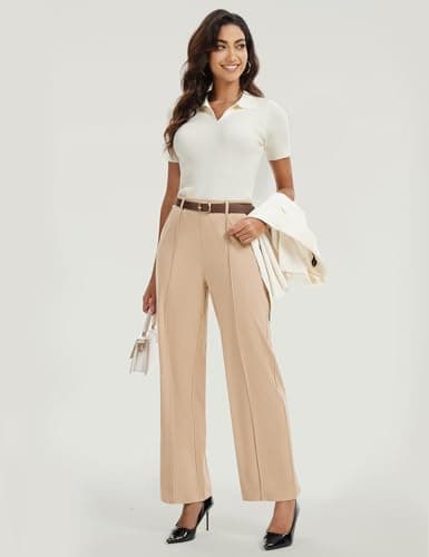 AVAMO Wide Leg Dress Pants for Women Pull On Stretchy Work Pants with Pockets High Elastic Waist Office Business Khaki - Thumbnail 3