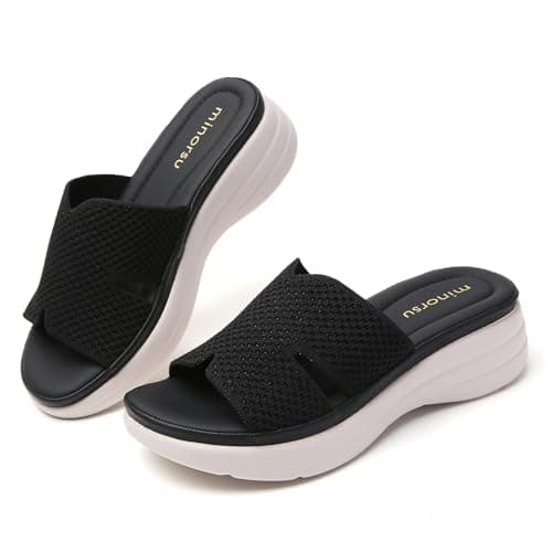 Minorsu Knit Platform Sandals for Women Comfortable Open Toe Summer Sandals Slip On Slides Shoes - Thumbnail 4