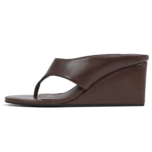 AMINUGAL Brown Wedge Sandals for Women Trendy Dressy Summer Chocolate Wedges Heels Chunky Heel Open Round Toe Tan Womens flip flops slides Cute Beach Slip On Thong Sandals for Ladies Y2K Size 8.5 - Image 1