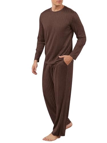 RQP Mens Pajama Set Soft Pijamas Sets for Men Long Sleeve Full Length Pants Pjs Sleepwear,Coffee - Image 1