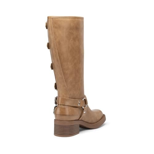 Athlefit Knee High Boots for Women Riding Fashion Buckle Square Toe Chunky Heel Wide Calf Biker Boots Camel Size 9 - Thumbnail 5