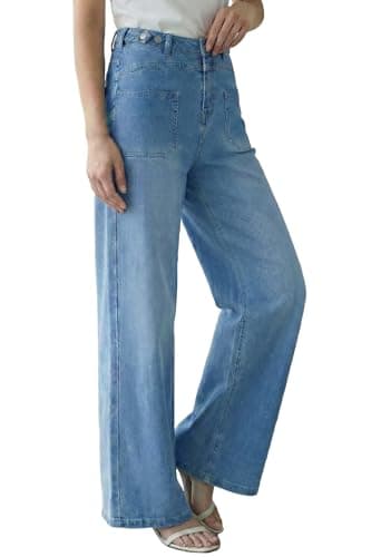 Arach&Cloz Womens Wide Leg Jeans 2026 All-Season Fashion Capsule Wardrobe Stretchy Baggy Jeans High Waisted Trousers Casual Trendy Loose Denim Straight Pants with Pockets Light Blue M - Image 1