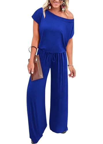 KIRUNDO Womens Jumpsuit 2026 Casual Summer Loose One Piece Off Shoulder Elastic Waist Wide Leg Long Romper with Pockets(Blue, XX-Large) - Image 1