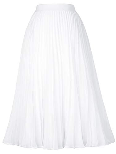 GRACE KARIN Women's Flared Pleated Ruffle Chiffon Skirt Below Knee White S - Image 1