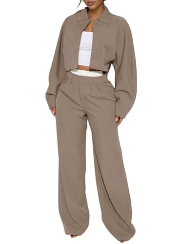 EXLURA Womens 2 Piece Outfits Long Sleeve Zip Up Crop Jackets Long Wide Leg Pant Suits Spring Airport Travel Matching Sets - Image 1