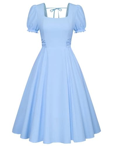 Belle Poque Cottagecore Dress for Women 50s 60s Vintage Dresses Tea Party Cocktail Dress for Wedding Guest Blue L - Image 1