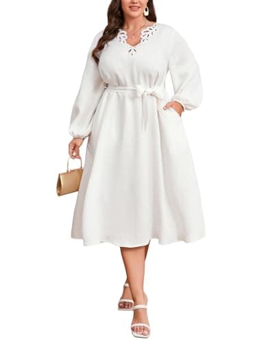 EYWOL Women Plus Size Elegant Cocktail Dress Cutwork V-Neck Midi A-Line Dress with Belt,Formal Wedding Guest Party Prom Dress White - Image 1