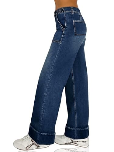 YABNILL Women's High Waisted Wide Leg Jeans Casual Stretchy Sweat Pant Denim Pants with Pockets Trendy 2025 Fall Dark Blue - Thumbnail 3