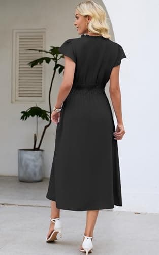 Womens Summer Midi Dresses Casual V Neck Cap Sleeve Empire Waist Elegant 2026 Flowy Solid Long Dress with Pockets B L Black - Thumbnail 3