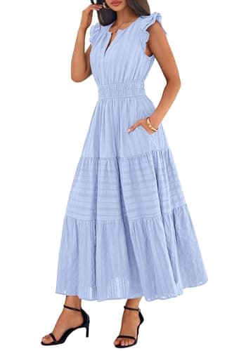 BTFBM Womens Summer Maxi Dress 2026 Spring Boho Vacation Ruffle Flutter Short Sleeve A Line Tiered Flowy Dresses Pockets(Light Blue, X-Large) - Thumbnail 5