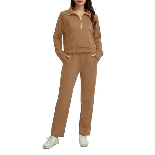 Anyshe Women's 2 Piece Sweatsuit Set Lounge Set Half Zip Sweatshirt with Kangaroo Pocket Thumb Holes Wide Leg Drawstring Pants Casual Tracksuit for Travel Daily Wear, Dark Khaki, X-Large - Image 1