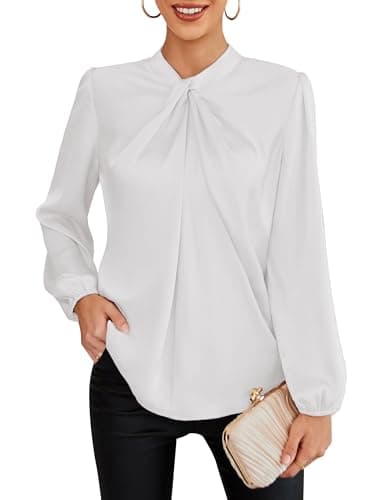 GRACE KARIN Women's Long Sleeve Shirts Mock Neck Casual Satin Blouse Tops for Business Office Work Ivory 2XL - Image 1