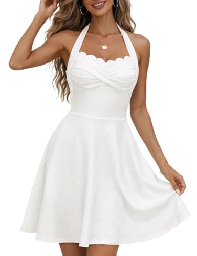 CiCiBird Women's Halter Neck Mini Dress with Pockets Scalloped Neck Retro A-Line Cocktail Party Dress Backless Bow Tie White S - Image 1