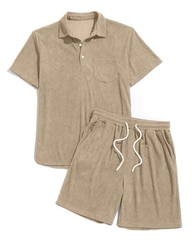 ZAFUL Mens Beach Outfit 2025 Corduroy 1/4 Button Polo Shirt Easter Outfits 2 Piece Set Summer Clothes Beige Large - Image 1