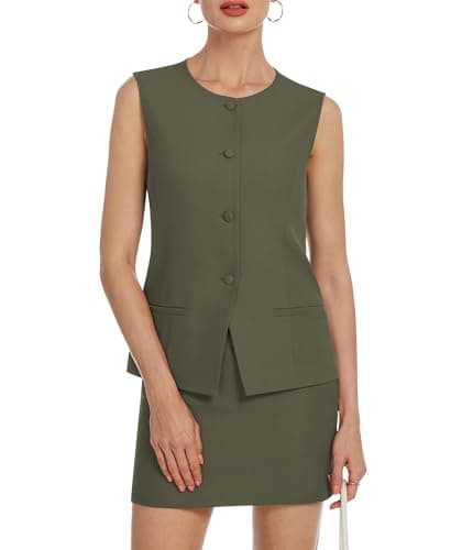 Casly Lamiit Womens Suits 2 Piece Set Summer Business Blazers Vest Skirts Set Button Down Sleeveless Waistcoat Dressy Casual Outfits Army Green XL - Image 1