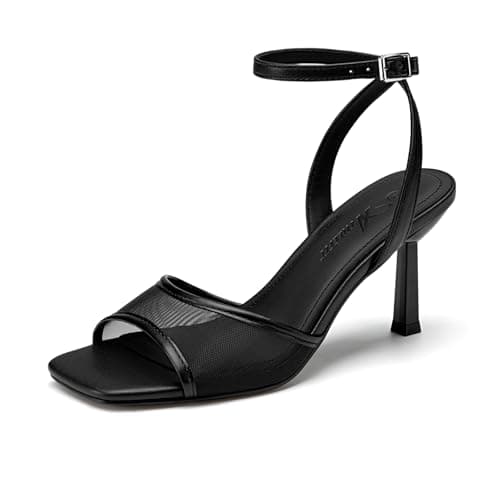 Athlefit Black High Heels for Women Square Open Toe 3-Inch Stiletto Heels Summer Mesh Sexy Strappy Heeled Sandals for Party Prom Size 6.5 - Image 1