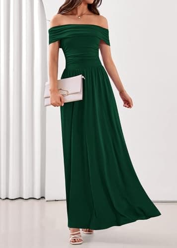 KIRUNDO Cocktail Dresses for Women 2026 Summer Off The Shoulder Ruched Pleated Long Flowy Formal Party Maxi Dresses Pockets(Dark Green, Medium) - Thumbnail 4