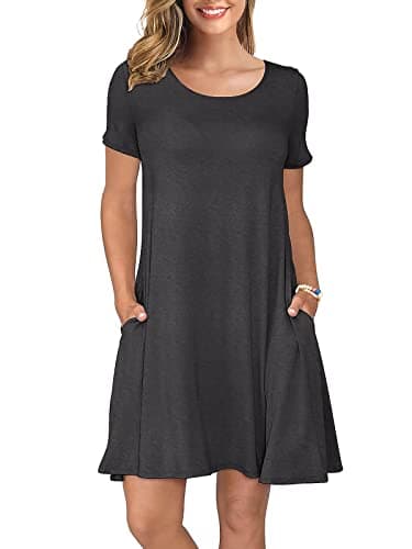 KORSIS Summer Dress for Women Dark Grey Small Casual T Shirt Dresses Short Sleeve Swing Flowy Ladies Beach Vacation Sundresses with Pockets - Image 1