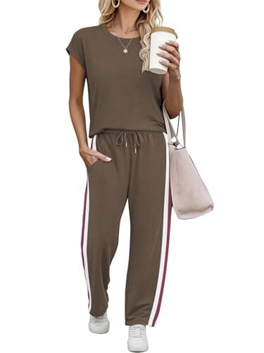 Casly Lamiit 2 Piece Outfit for Women Cruise Vacation Spring Fashion Lounge Sets Short Sleeve Sweat Sets Wide Leg Sweatpants Beach Airport Travel Clothes Lounge Wear Coffee S - Image 1