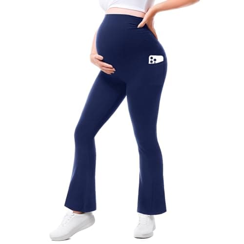 Walifrey Maternity Flared Leggings with Pocket Over The Belly Buttery Soft Pregnancy Yoga Pants Navy Blue M - Image 1