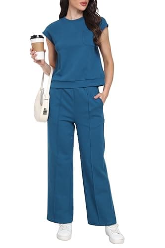 COCOMARTS Two Piece Sets for Women Summer Sweatsuit Sleeveless Casual Wide Leg Pants Lounge Sets Beach Vacation Travel Outfit Blue Large - Image 1