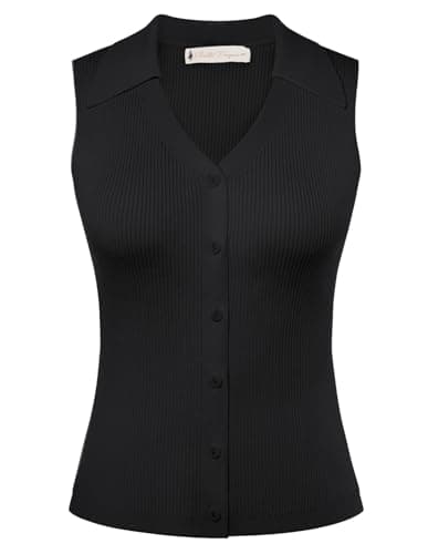 Belle Poque Women's Button Down Tank Tops Summer Ribbed Vest Top Sleeveless V Neck Collared Vest Shirt Slim Fit Going Out Tops Black,L - Image 1