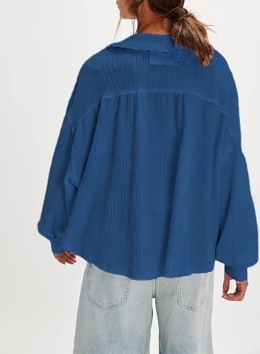 KGGT Women's Waffle Knit Tops Long Sleeve Henley Shirts Oversized Pullover Peter Pan Collar Loose Tunic Blouses(Navy-Blue,M) - Thumbnail 3