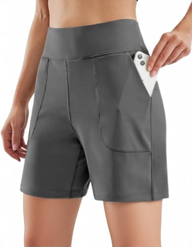 Naimula Women High Waisted Workout Yoga Shorts with Pockets 6" Bermuda Shorts Walking Running Casual Grey - Image 1
