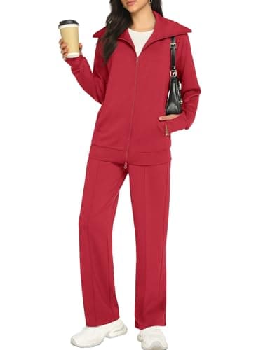 Casly Lamiit 2 Piece Lounge Sets for Women 2026 Casual Sweatsuit Travel Outfits Double Zipper Sweatshirt Long Sweatpants Athletic Track Suit Red S - Thumbnail 2