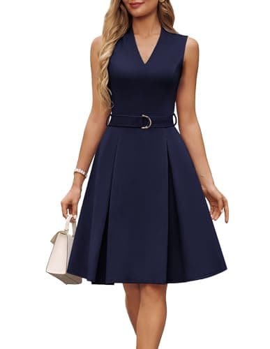GRACE KARIN Women's Wear to Work Dresses 2026 Business Office Fit and Flare Midi Dress Church Outfits with Pockets Navy Blue XL - Image 1