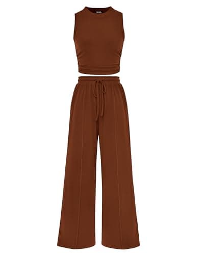BTFBM Summer Outfits For Women 2026 Cropped Sleeveless Tank Tops Wide Leg Pants 2 Piece Sets Beach Lounge Set Clothing(Brown, Small) - Image 1
