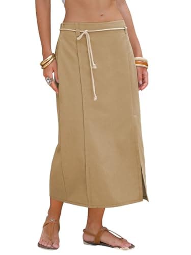 EXLURA Womens Linen Elastic Waist Straight Midi Skirt Summer Cotton Maxi Long Boho Skirts Slit Beach Vacation Outfits 2026 Light Brown - Image 1