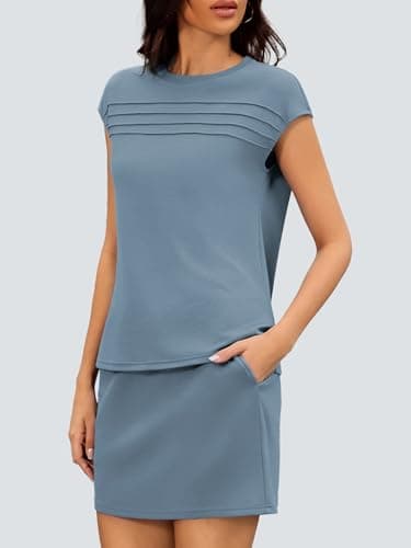 Casly Lamiit Summer Outfits for Women 2 Piece Tennis Skirts with Shorts Sets Pleated Comfy Matching Clothing Drawstring Tropical Lounge Sets Blue Grey XL - Thumbnail 2