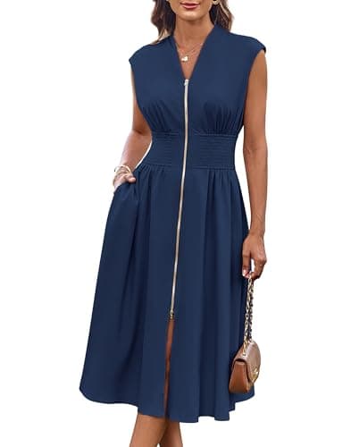 GRACE KARIN Sleeveless Dress for Women V Neck Cap Sleeve Smocked High Waist Flowy Work Dress with Zipper Navy Blue 2XL - Image 1