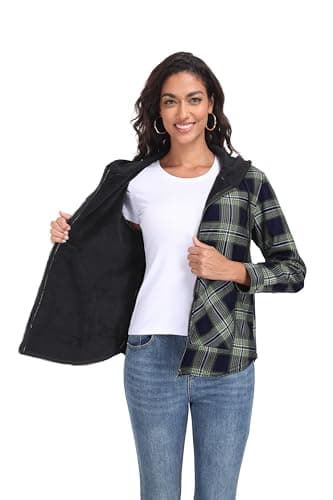 Lepunuo Women's Plaid Jacket Long Sleeve Fleece Full-Zip Hoodie Fall Fashion Warm Jackets Green Blue - Thumbnail 4