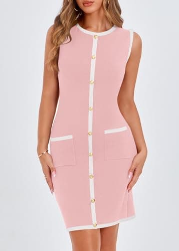 KIRUNDO Women's Work Business Casual Dress 2026 Summer Cocktail Semi Formal Office Elegant Classy Knit Color Block Dresses(Pink, XX-Large) - Thumbnail 5
