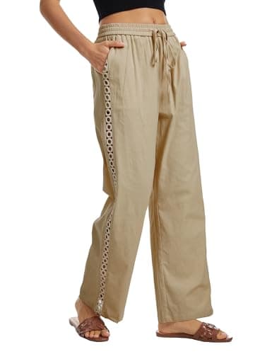 Demoking Womens Linen Pants Wide Leg Casual Palazzo Drawstring Cotton Beach Vacation Clothes for Women Hollow Side Khaki L - Image 1