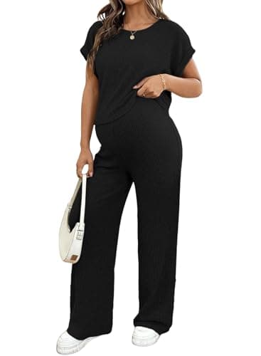 BLENCOT Maternity Clothes Ribbed Knit Lounge Set Short Sleeve Top and Long Pants Maternity Sleepwear Pajamas Sets Two Piece Matching Outfits Set Black 2XL - Image 1