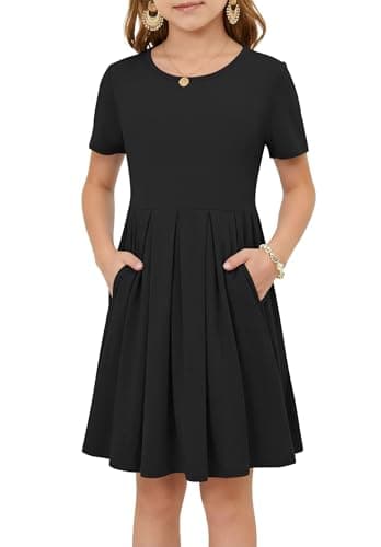 Girls Summer Short Sleeve Dress Kids Casual Crew Neck Pleated Loose A Line Swing Knee Length Cute Dress with Pockets Black XS - Image 1