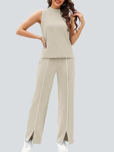 Casly Lamiit Womens 2 Piece Set Summer Outfits Mock Neck Tank Top Front Slit Pants Airport Travel Lounge Wear Striped Tracksuits Dark Beige S - Thumbnail 2