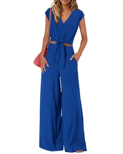 PRETTYGARDEN Women's Summer 2 Piece Outfits 2026 Cap Sleeve V Neck Belted Crop Tops Wide Leg Pant Sets Casual Tracksuit(Solid Blue,Small) - Image 1