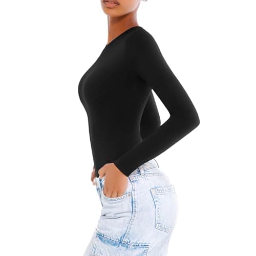 Walifrey Crew Neck Long Sleeve Bodysuit for Women Soft Stretchy Basic Shirts Bodysuits Tops Black XL - Thumbnail 2