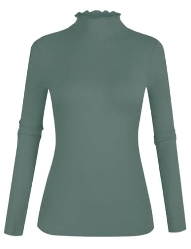 Women's Lettuce Trim Mock Turtleneck Top Long Sleeve Slim Fit Ribbed Knit Tee Shirt (Dark Grey Green-22, Small) - Image 1